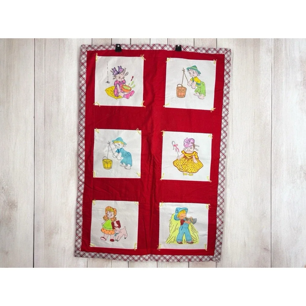 VTG Handmade Baby Quilt Hand Embroidery Nursery Rhyme Characters 40